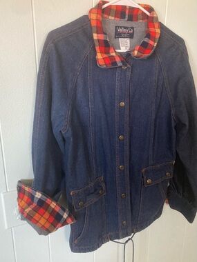 VALLEY CO SZ L Women's Denim Jacket with Red Plaid Collar 100% cotton VINTAGE
